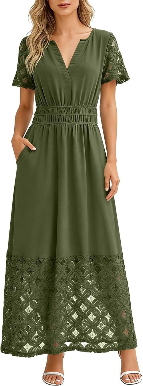 Emma Women's Dress – Bohemian Maxi Dress with V-Neck, Empire Waist, Fluid Pockets for Summer