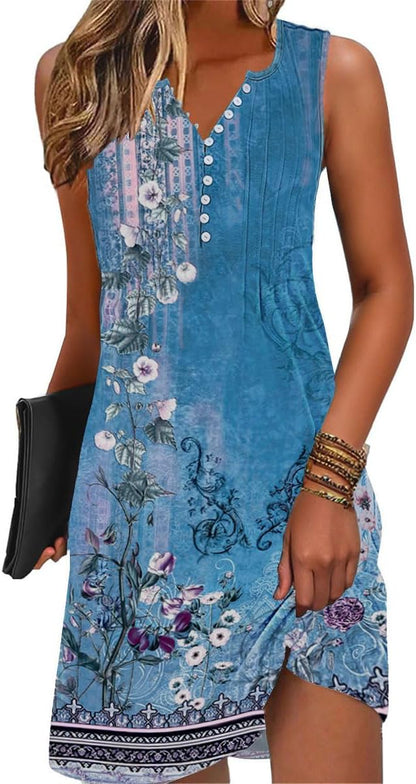 Lucie Women's Dress – Bohemian Floral V-Neck Sleeveless A-Line Midi Summer Dress