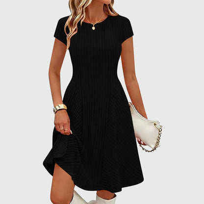 Emma Women's Dress – Elegant Midi Ribbed Knit Dress with Round Neck and Short Sleeves
