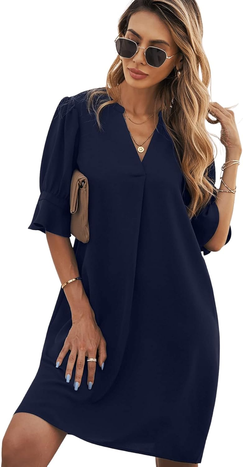 Emily Women's Summer Dress – Elegant V-Neck Loose Fit Midi Length Dress with Three-Quarter Sleeves