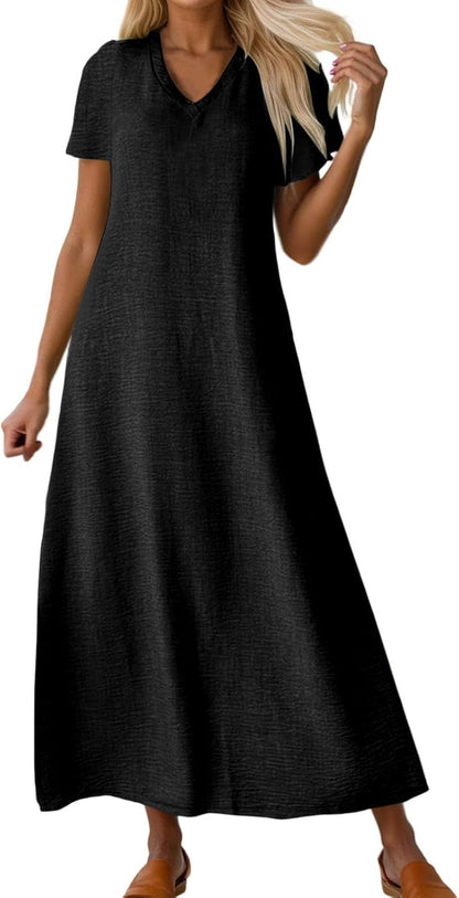 Laura Women's Dress – Long Linen V-Neck Bohemian Fluid Cut Comfortable Summer Dress