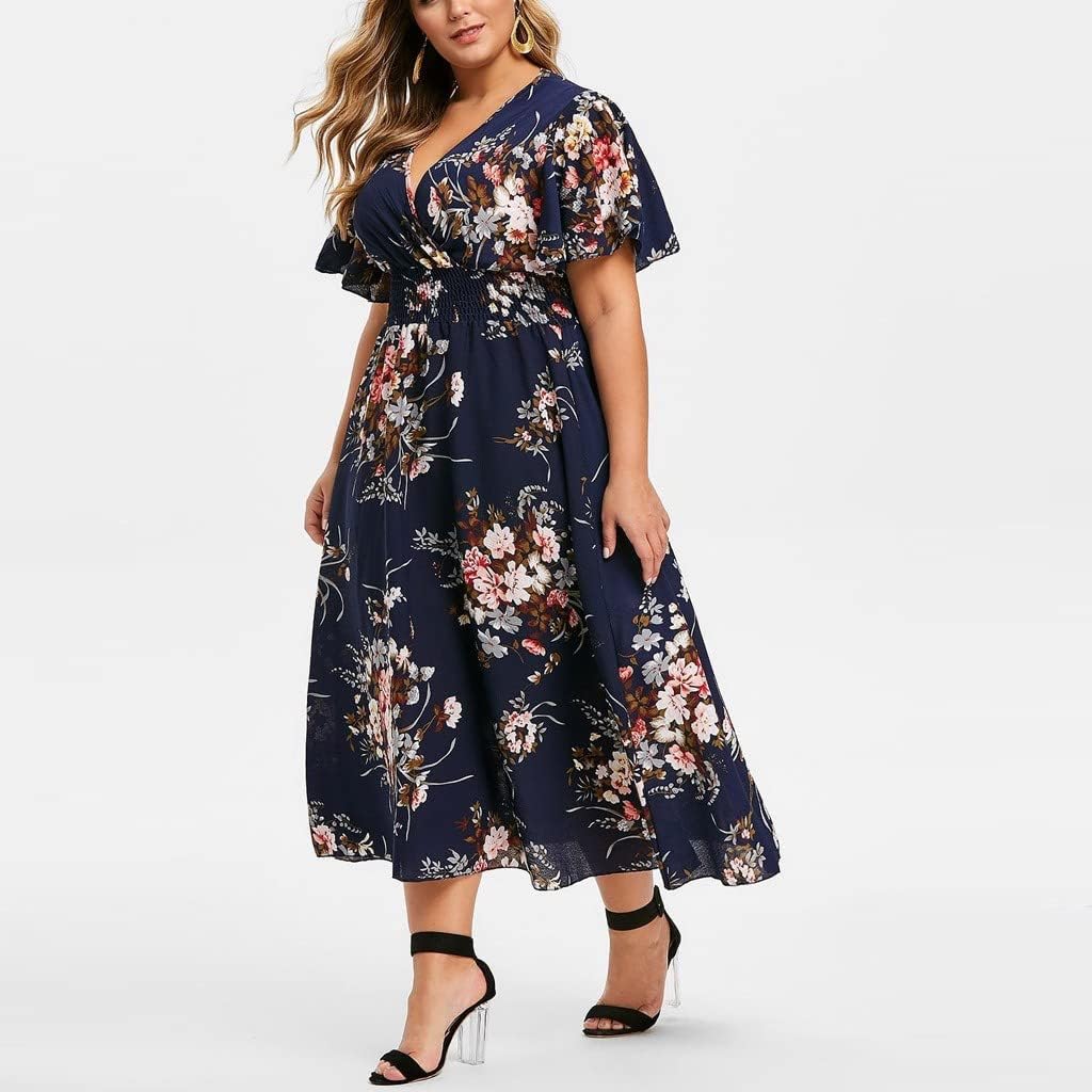 Elise Women's Dress – Midi Floral V-Neck A-Line Linen Cotton Flowing Elegant Summer Dress