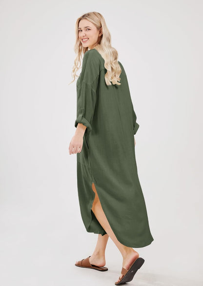 Emma Long Shirt Dress for Women – Buttoned Linen Cotton Dress with Slits and Pockets