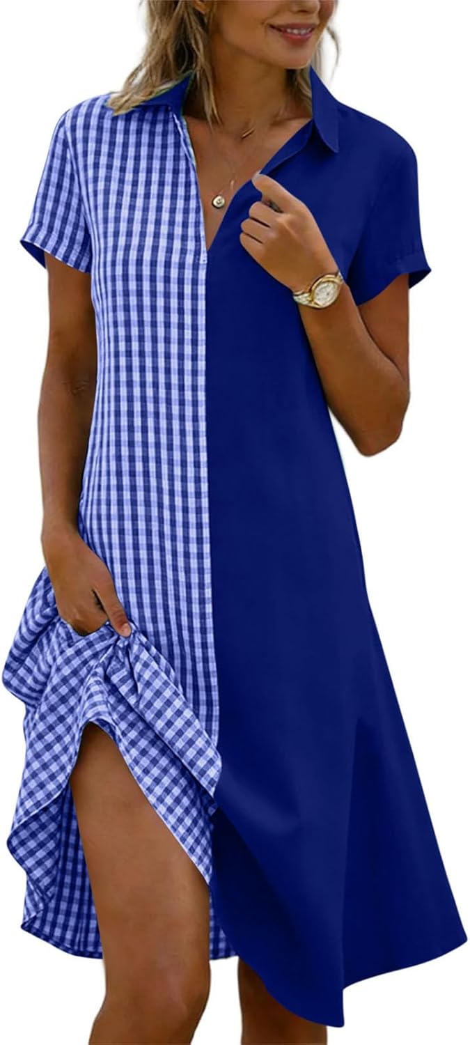 Julie Women's Dress – Checkered V-Neck Short Sleeve Flowing Bohemian Summer Dress