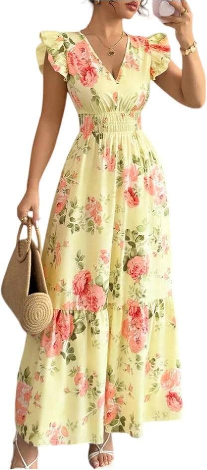 Camille Women's Dress – Maxi Floral Dress with V-Neck and Ruffled Sleeves, Smocked Waist for Summer