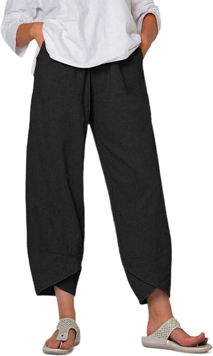 Caprice Women's Capri Cotton Pants – High Waist Elastic, Tulip Cut Chic Summer