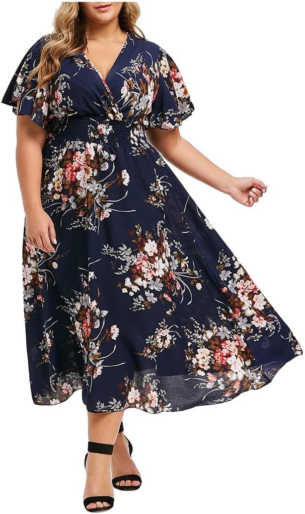 Elise Women's Dress – Midi Floral V-Neck A-Line Linen Cotton Flowing Elegant Summer Dress