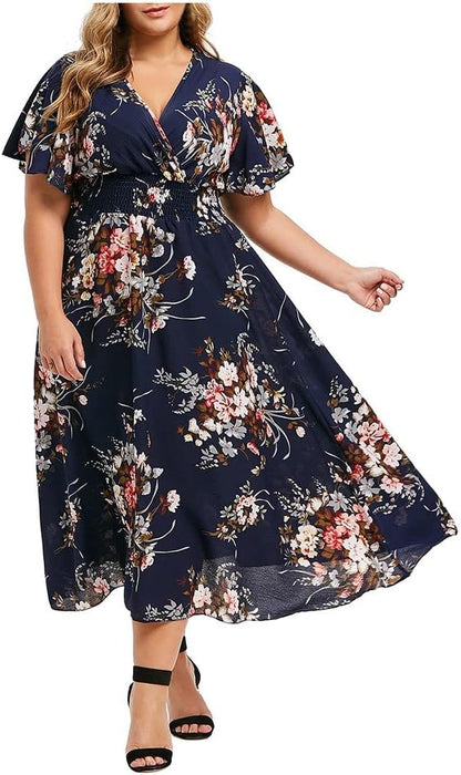 Elise Women's Dress – Midi Floral V-Neck A-Line Linen Cotton Flowing Elegant Summer Dress