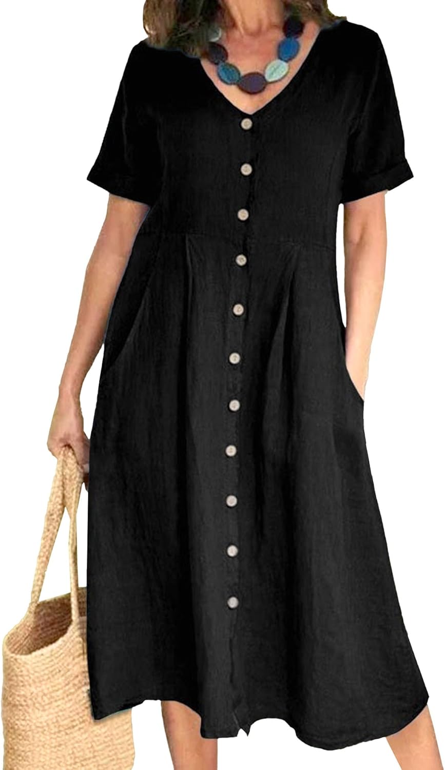 Glaiza Women's Maxi Linen Dress – V-Neck, Buttoned, Short Sleeves Plus Size Summer