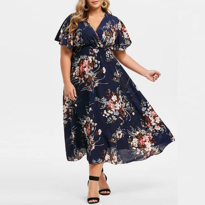 Elise Women's Dress – Midi Floral V-Neck A-Line Linen Cotton Flowing Elegant Summer Dress