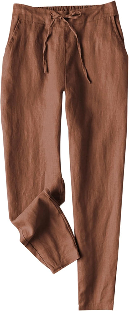 Mirriam Women's White Linen Pants – High Waist, Elastic Drawstring, Lightweight Summer