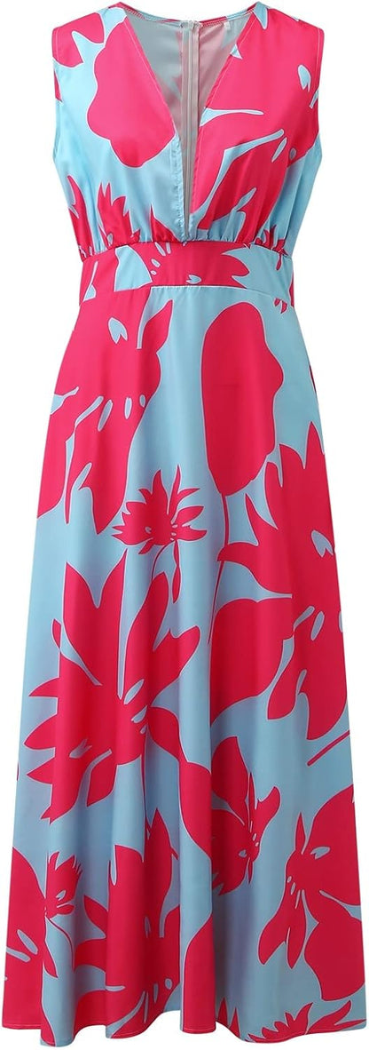 Maya Long Bohemian Dress for Women – Sleeveless Zip V-Neck Dress with Elegant Print