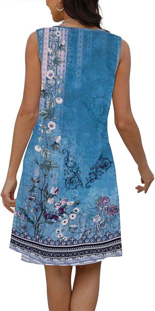 Lucie Women's Dress – Bohemian Floral V-Neck Sleeveless A-Line Midi Summer Dress