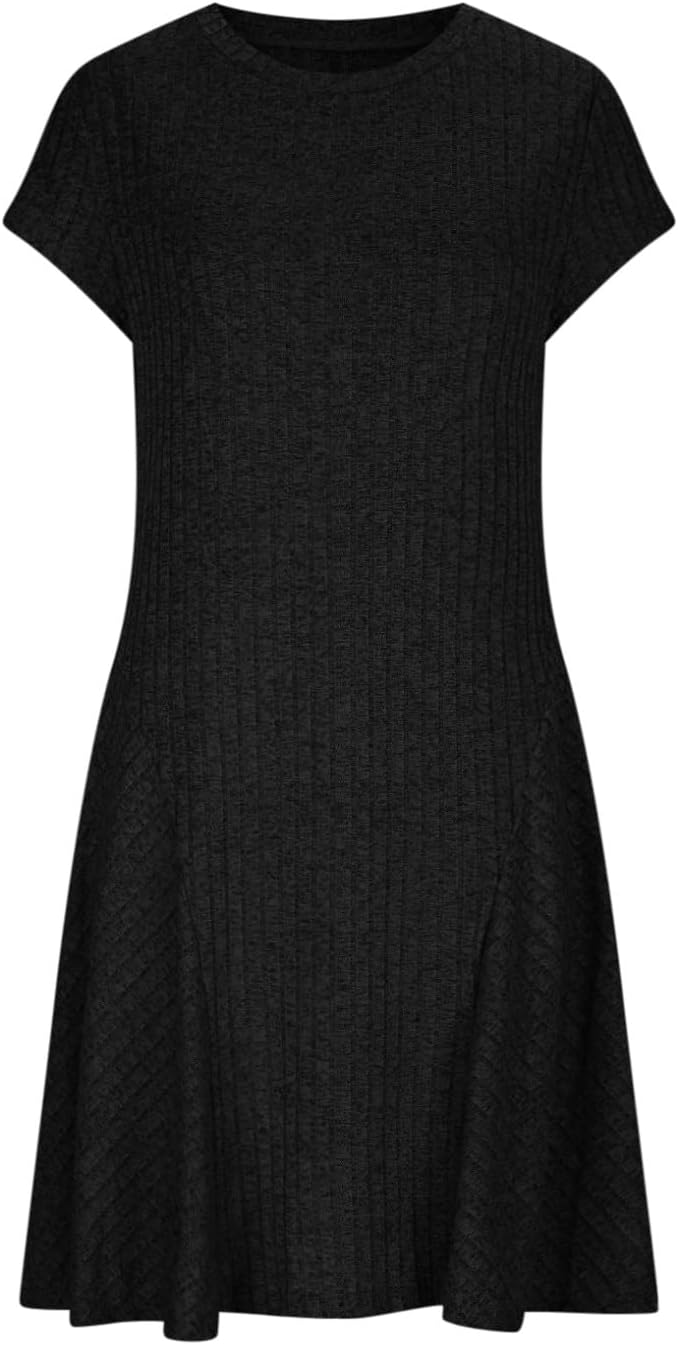 Emma Women's Dress – Elegant Midi Ribbed Knit Dress with Round Neck and Short Sleeves