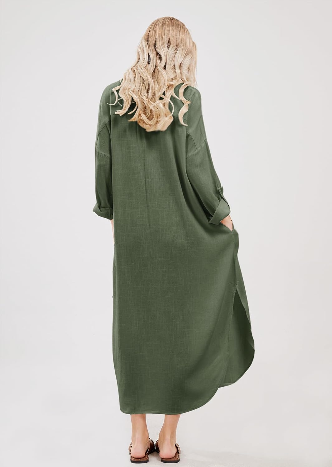 Emma Long Shirt Dress for Women – Buttoned Linen Cotton Dress with Slits and Pockets