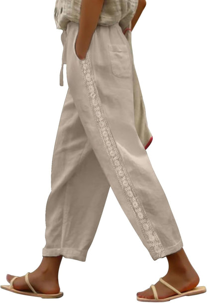 Ysabel Women's Linen Capri Pants – Lace, Wide Cut, Elastic Waist Summer Chic