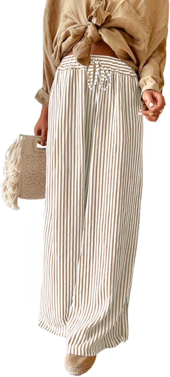 Arlyn Women's Pants – Striped Palazzo with Wide Elastic Waist & Pockets