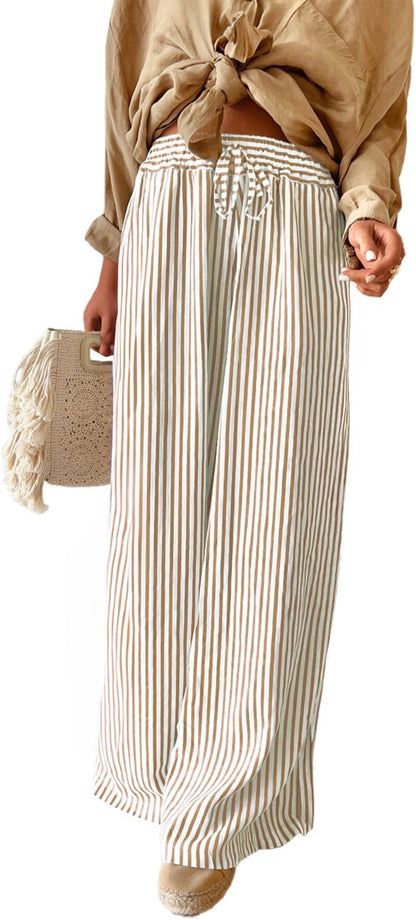 Arlyn Women's Pants – Striped Palazzo with Wide Elastic Waist & Pockets