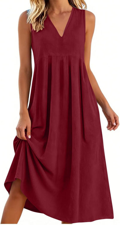 Lina Women's Dress – Maxi Linen V-Neck Sleeveless Pocket Dress for Summer