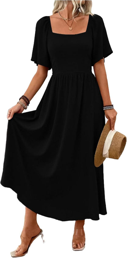 Patricia Women's Maxi Dress – Square Neck, Flowing A-Line Cut, Batwing Sleeves for Summer