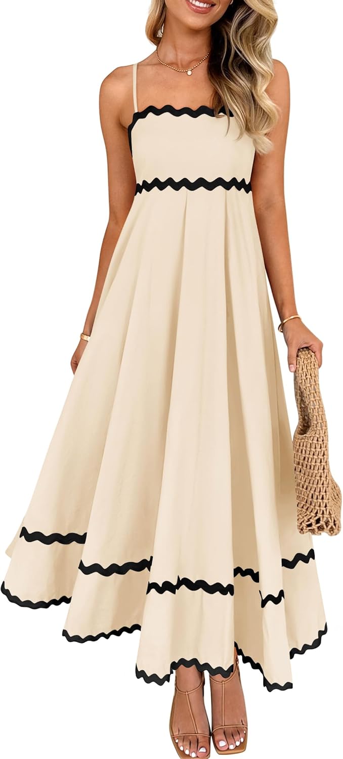 Ella Midi Dress for Women – Backless Dress with Thin Straps, Smocked, Fluid, Elegant Summer