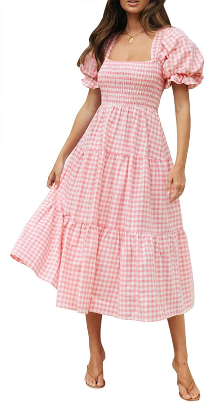 Sophie Bohemian Dress for Women – Elegant Summer Midi Dress with Square Neck and Puff Sleeves