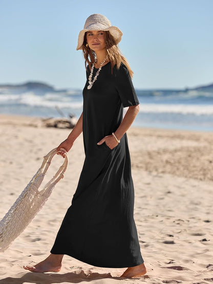 Julie Maxi Dress for Women – Casual Elegant Long Short Sleeve Dress with Pockets