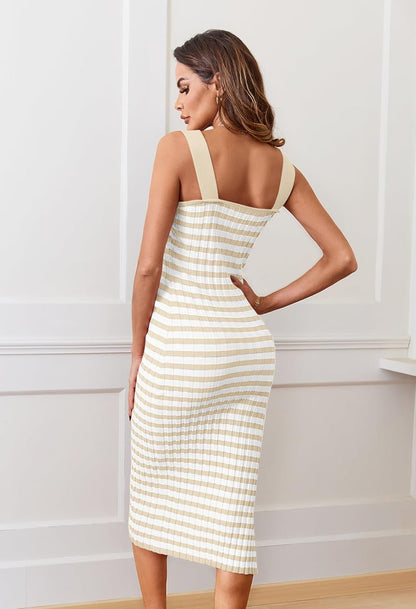 Emma Midi Dress for Women – Fitted Ribbed Knit Dress with Square Neck and Side Slit for Chic Summer