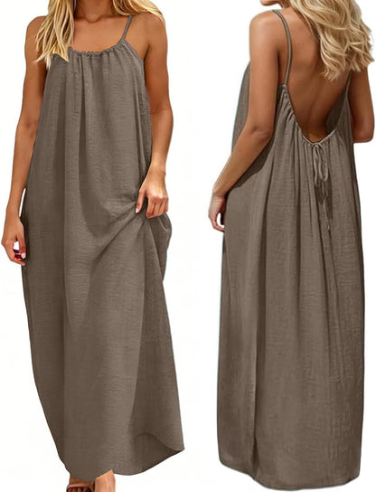 Luna Maxi Dress for Women – Backless Dress with Fine Straps Linen Effect Summer Boho