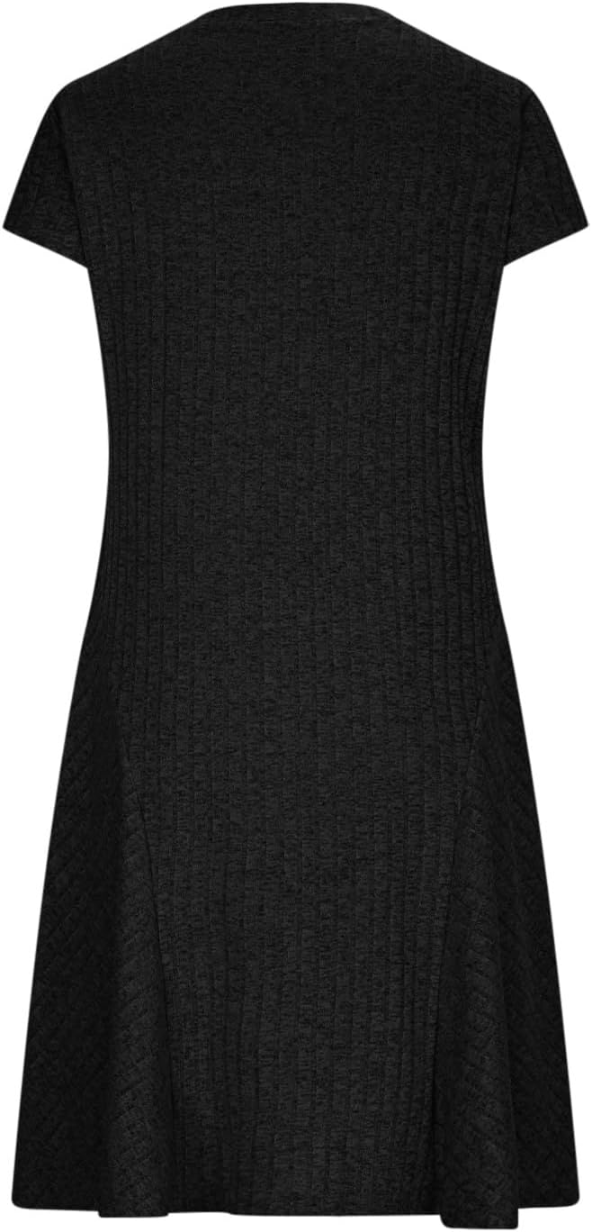 Emma Women's Dress – Elegant Midi Ribbed Knit Dress with Round Neck and Short Sleeves
