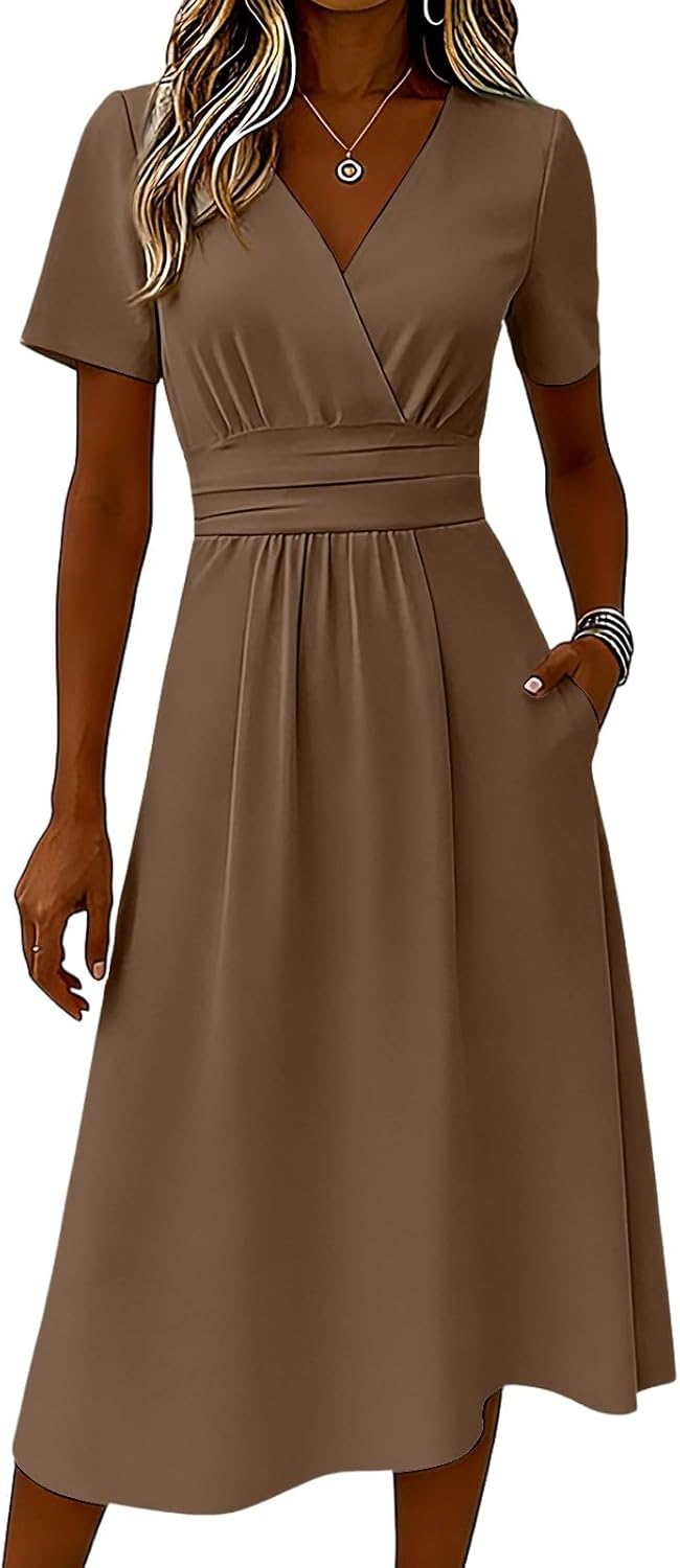 Claire Women's Dress – Elegant Summer A-Line Midi Dress with V-Neck Wrap and Empire Waist