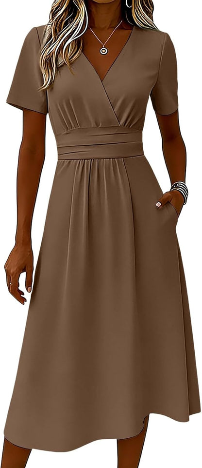 Claire Women's Dress – Elegant Summer A-Line Midi Dress with V-Neck Wrap and Empire Waist