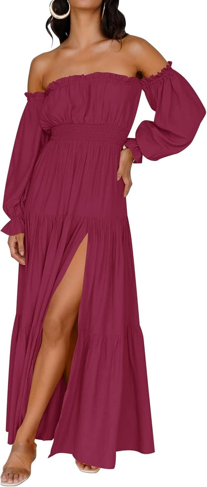 Sophie Maxi Dress for Women – Bohemian Off-Shoulder Dress with Slit and Smocked Waist