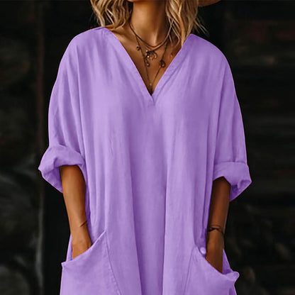 Mila Women's Dress – Maxi Linen Dress with V-Neck, 3/4 Sleeves, Oversized A-Line Cut for Summer
