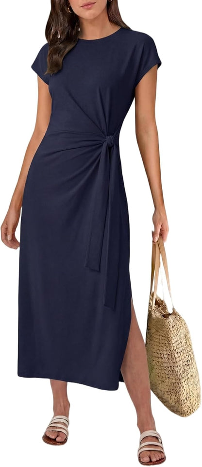 Charlotte Midi Dress for Women – Flowing Dress with Tied Waist and Flared Cut