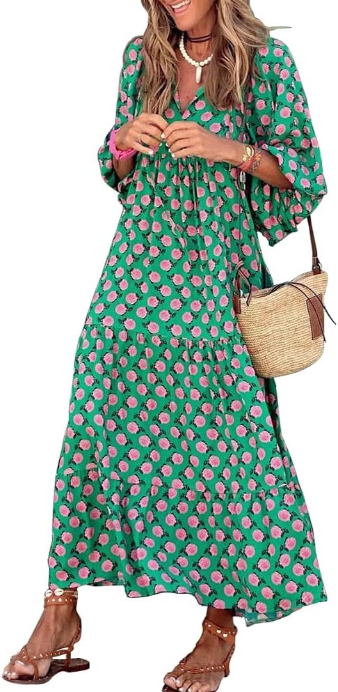 Amélie Women's Bohemian Maxi Dress – Long Flowing V-Neck Dress with Geometric Print