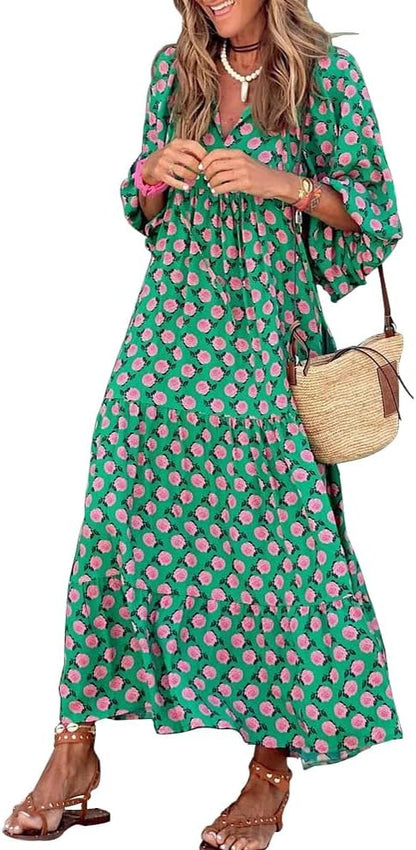 Amélie Women's Bohemian Maxi Dress – Long Flowing V-Neck Dress with Geometric Print