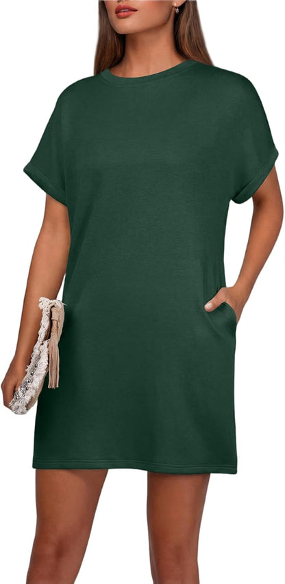 Léa Women's Dress – Mini Dress with Round Neck and Short Cap Sleeves A-Line with Pockets Summer