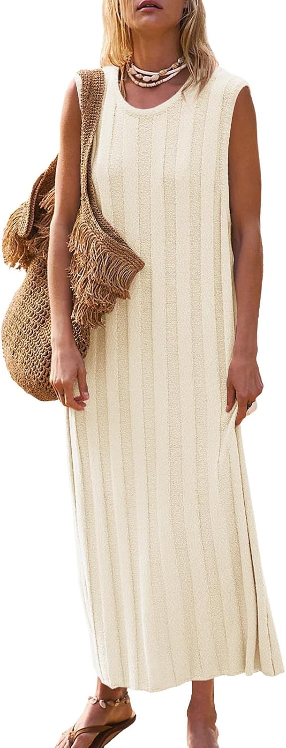 Lina Maxi Dress for Women – Sleeveless Ribbed Knit Dress with Round Neck for Summer
