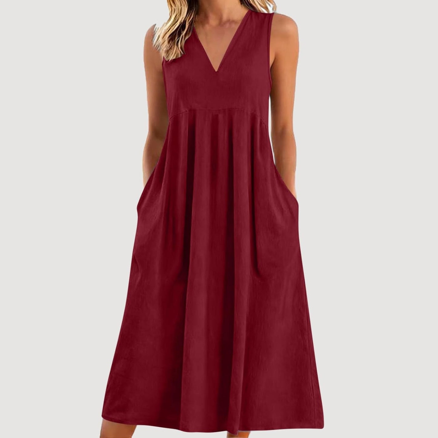 Lina Women's Dress – Maxi Linen V-Neck Sleeveless Pocket Dress for Summer