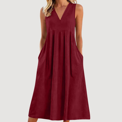 Lina Women's Dress – Maxi Linen V-Neck Sleeveless Pocket Dress for Summer
