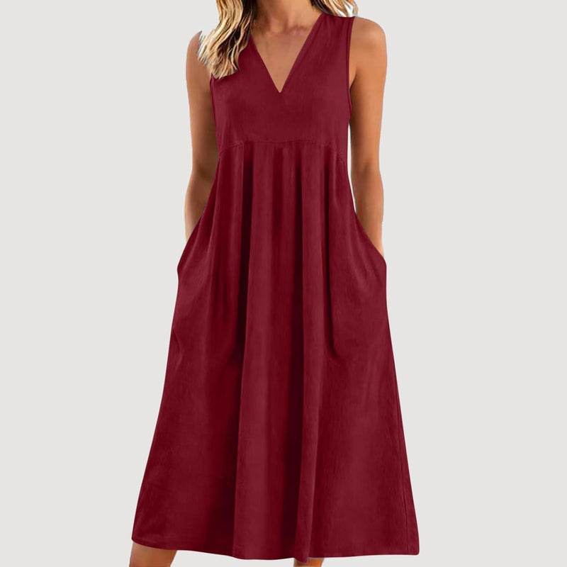 Lina Women's Dress – Maxi Linen V-Neck Sleeveless Pocket Dress for Summer