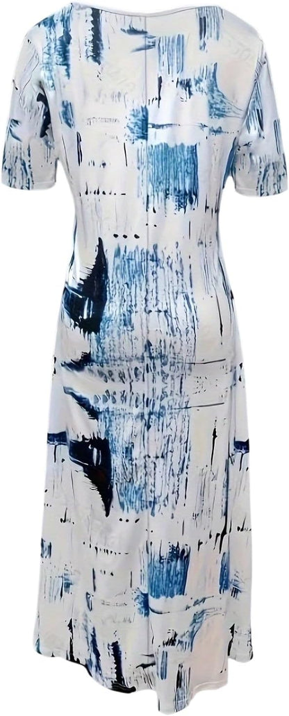 Maya Maxi Dress Plus Size – Summer V-Neck Fluid Tie-Dye Dress with Short Sleeves