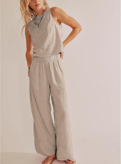 Milan Women's Pants – Wide Leg Linen Palazzo Pants with Elastic Waist & Pockets