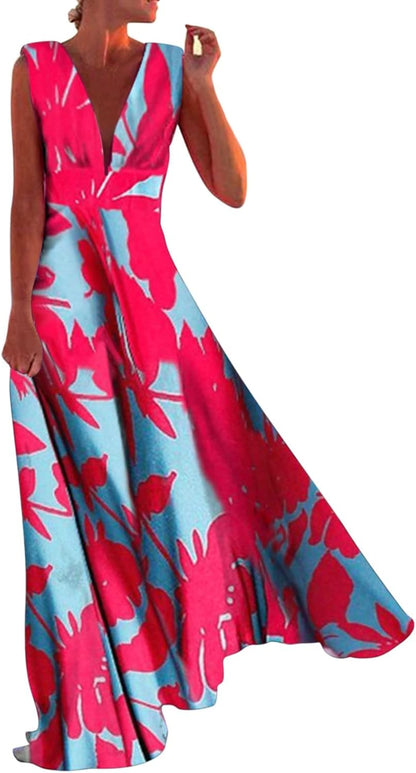 Maya Long Bohemian Dress for Women – Sleeveless Zip V-Neck Dress with Elegant Print