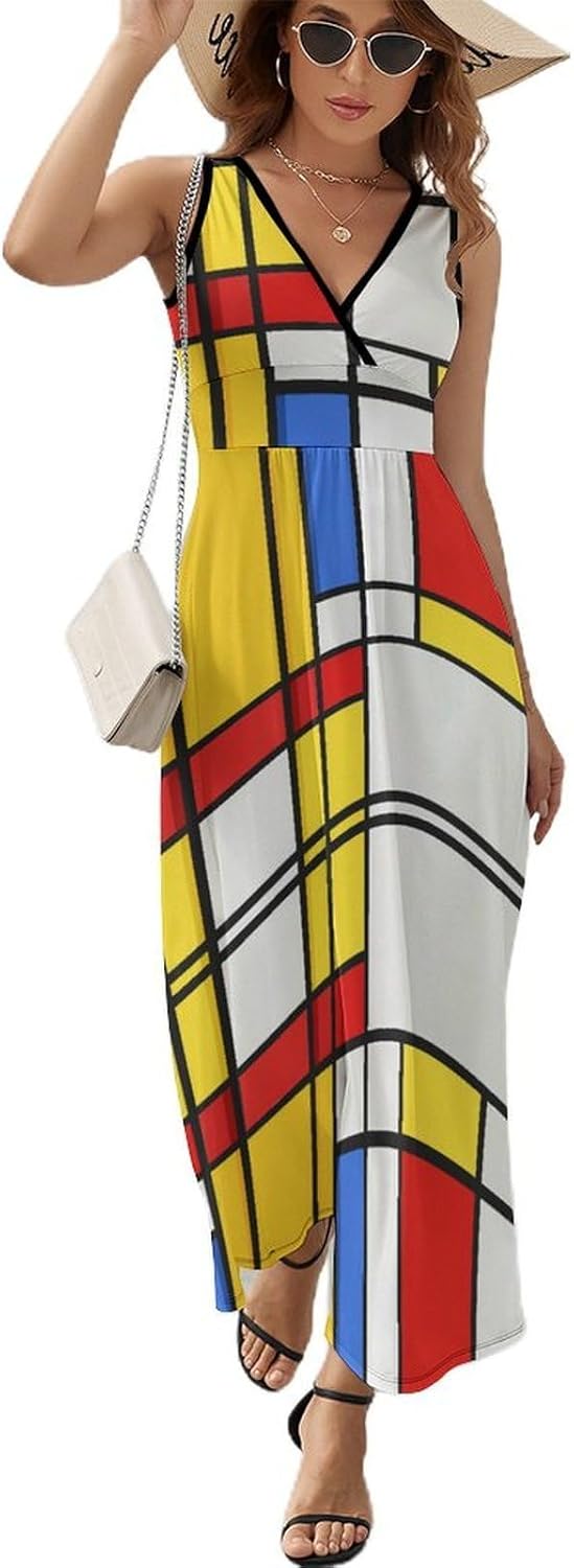 Lena Women's Dress – Maxi Dress V-Neck Sleeveless High Waist Modern Pattern Summer