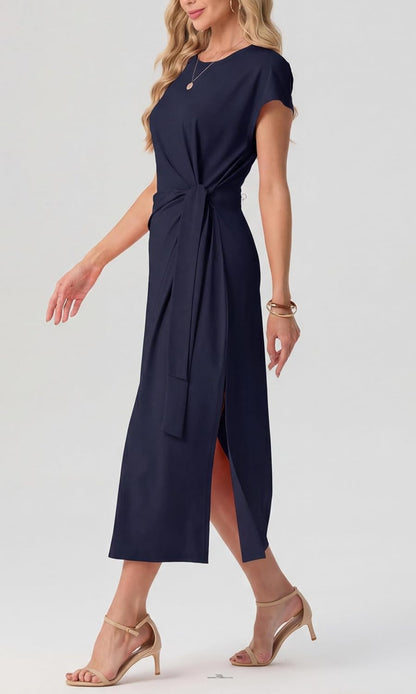 Charlotte Midi Dress for Women – Flowing Dress with Tied Waist and Flared Cut
