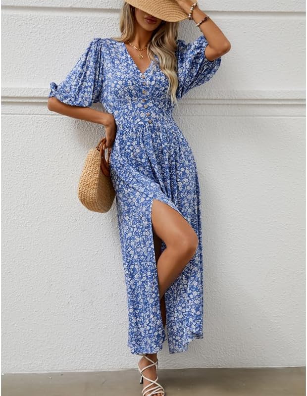 Joyce Bohemian Floral Dress for Women – V-Neck Wrap, Flowing Midi, Summer Sleeves