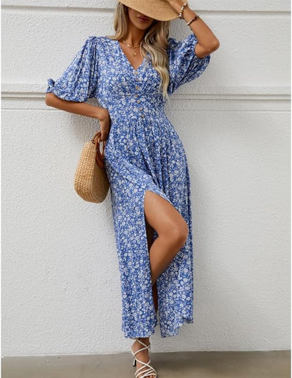 Joyce Bohemian Floral Dress for Women – V-Neck Wrap, Flowing Midi, Summer Sleeves