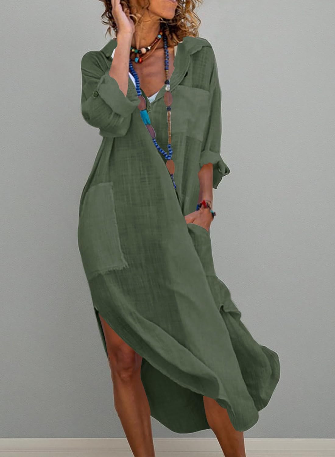 Emma Long Shirt Dress for Women – Buttoned Linen Cotton Dress with Slits and Pockets